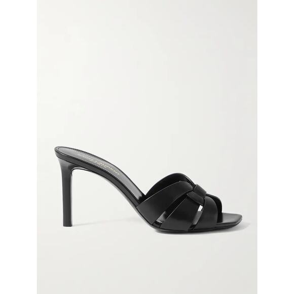 Saint Laurent YSL Tribute Sandal Heels Mules Black Smooth Leather Slip On 38 - Picture 1 of 9
